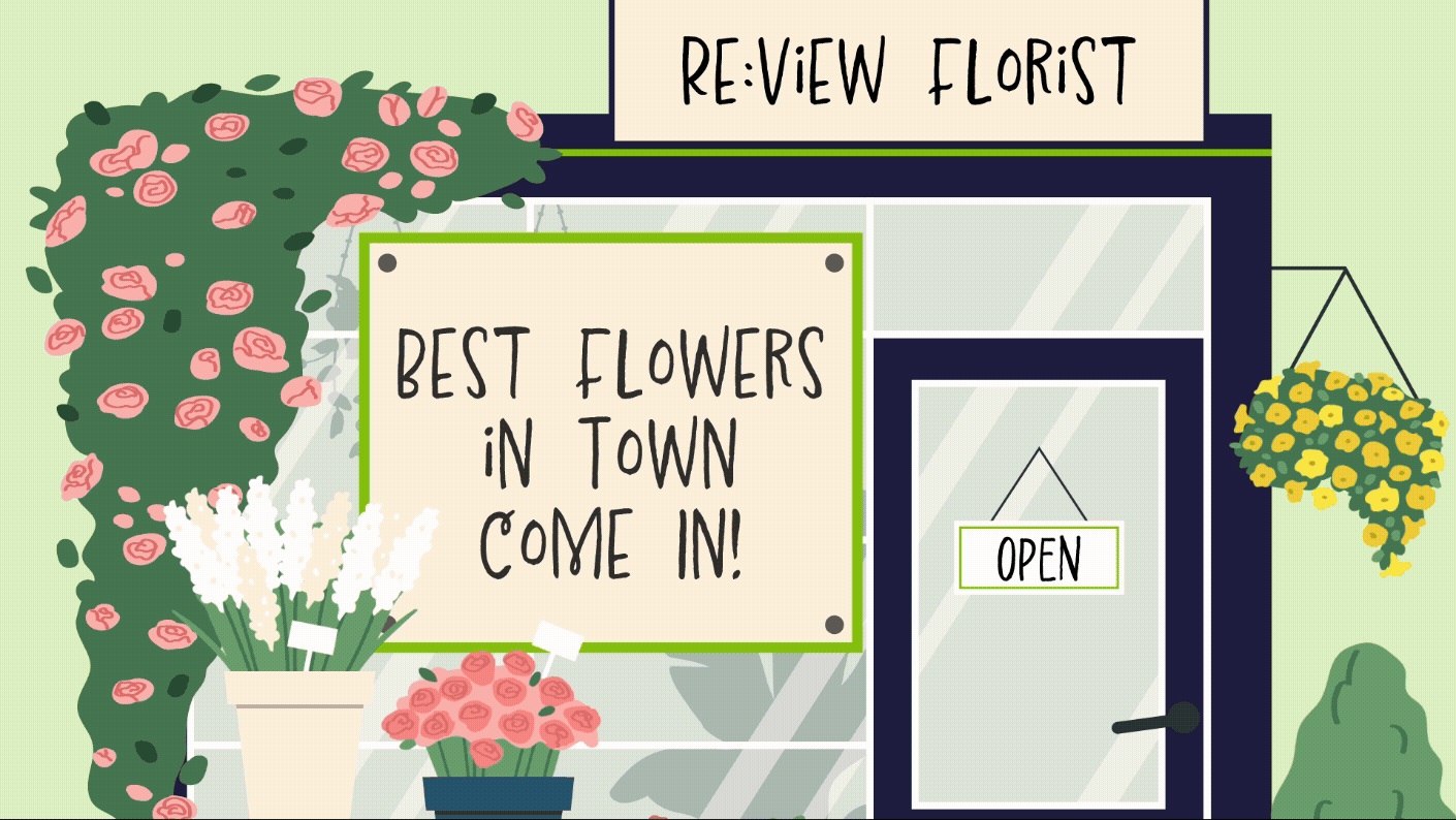 Flower shop with "Best Flowers" and "Open" signs